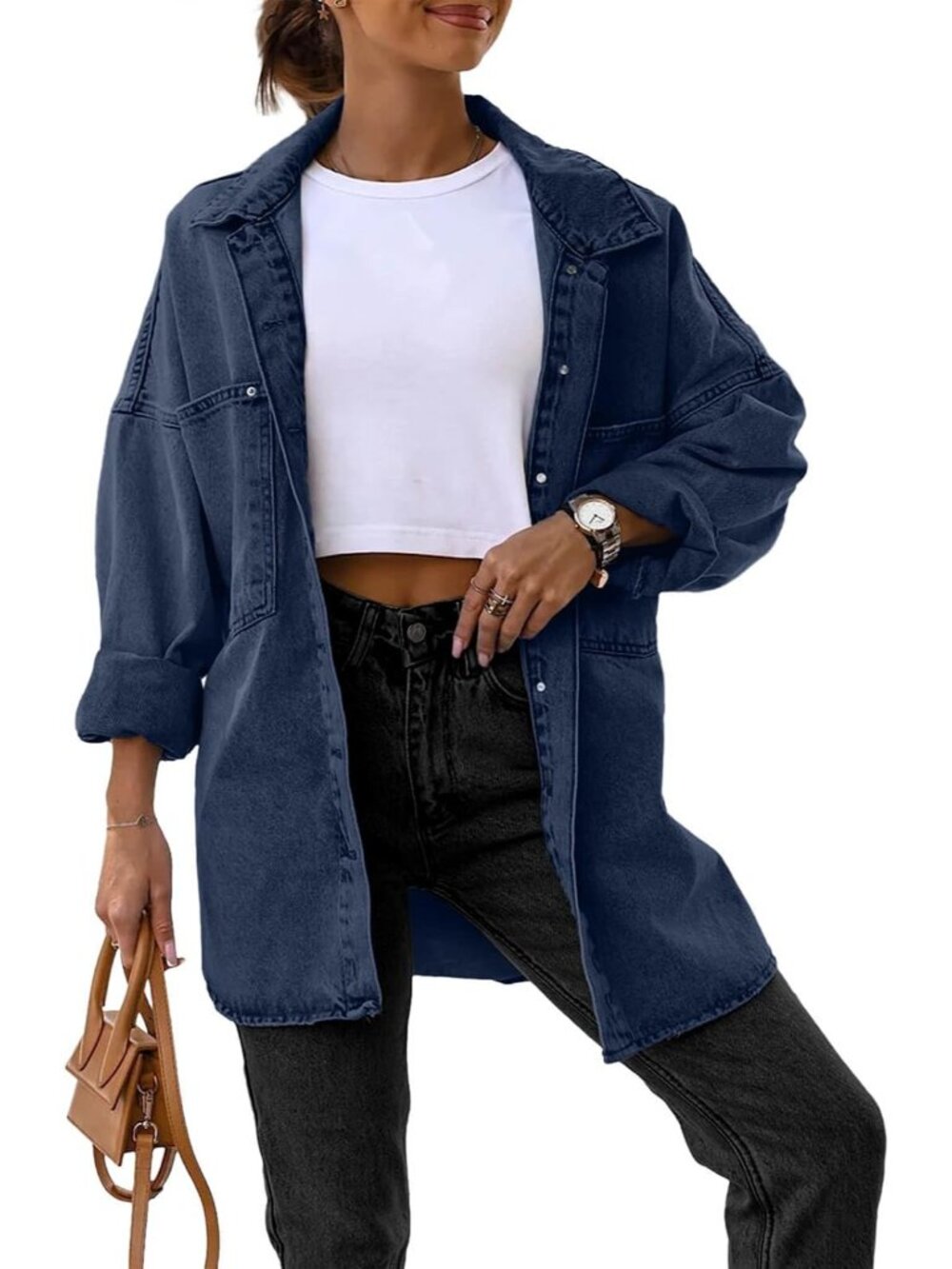 Women’s Jean Blue Oversized Button Down Long Shirt Pocket Denim Jean Jacket Coat